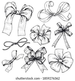 Vector collection of different bows and ties for decorating gifts. Various bows. Hand-drawn sketches in ink. Vintage style engraving. Isolated objects on a white background. Monochrome drawing