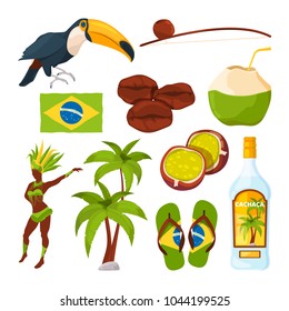 Vector collection of different brazilian symbols. Brazilian palm and carnival woman, toucan and cocktail illustration
