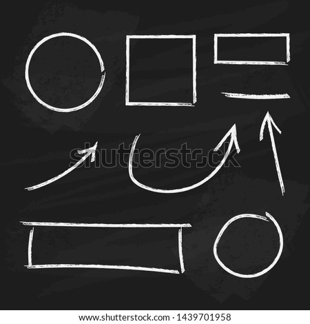 Vector Collection of Different Chalk Drawings, Textured Simple Geometric Shapes and Arrows Isolated on Blackboard Background, Realistic Hand Drawn Illustration.
