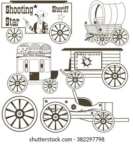 Vector collection of different covered wagons, outlined.