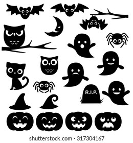 Vector collection different cute black Halloween silhouettes