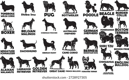 Vektorgrafik von verschiedenen Hunderassen-Silhouetten. Set schwarzer Hunde-Symbole, darunter Corgi, Pug, Rottweiler, Poodle, Beagle und German Shepherd, einzeln auf weißem Hintergrund.