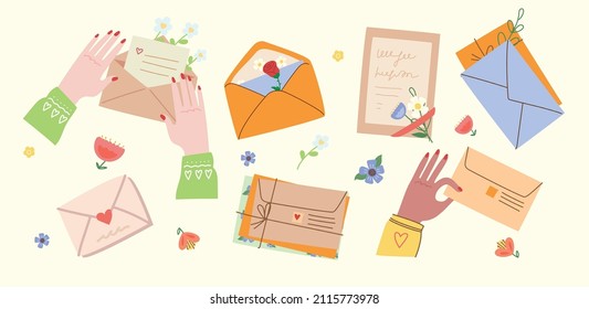 Vector Collection of different envelopes with mail, postmarks and postcards illustrations, handmade cards in the flat style isolated.