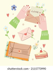 Vector Collection of different envelopes with mail, postmarks and postcards illustrations, handmade cards in the flat style isolated.