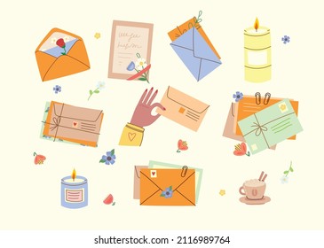 Vector Collection of different envelopes with mail, postmarks and postcards illustrations, handmade cards in the flat style isolated.