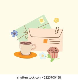 Vector Collection of different envelopes with mail, postmarks and postcards illustrations, handmade cards in the flat style isolated.