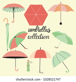Vector collection of different fashion umbrellas in flat style and lettering illustration
