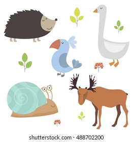 Vector collection with different flat animals: moose, goose, hedgehog, snail.