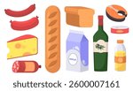 Vector collection of different food on an isolated background. 

Sausage, salami, cheese, bread, milk, olive oil, canned goods, fish, orange juice

