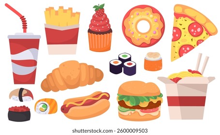 Vector collection of different food on an isolated background. 

Lemonade, french fries, cupcake, donut, pizza, sushi, lamp, burger, hot dog, croissant

