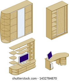 Vector collection of different furniture elements with textured front sides