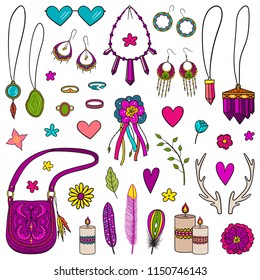 Vector collection with different jewelry and accessories in boho style. Fashion hand drawn set of bohemian gypsy elements. Colorful bright vector illustration. Isolated on white