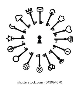 Vector collection of different keys icons with simple shapes like heart, moon, star, clock, flower / black on white background