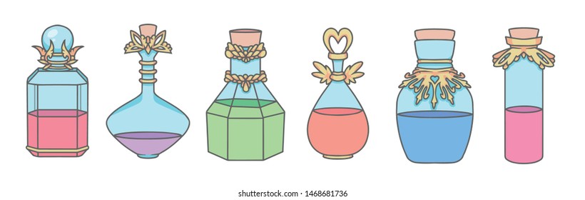 Vector collection of different magical potion vials and bottles with golden ornaments filled with colorful liquids