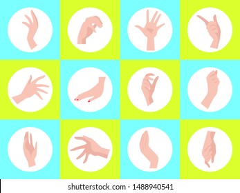 Vector collection of different natural hand poses. Isolated illustration. Best for character design and animation. Also can be used as seamless pattern