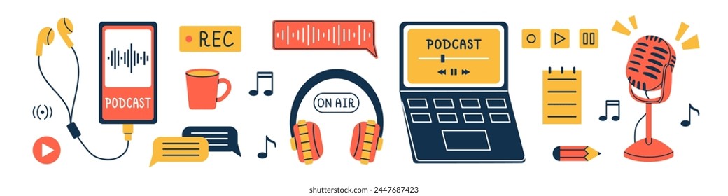 Vector collection of different podcast elements. Podcast recording and listening, broadcasting, radio. Interview and blogging. Trendy set of earphones, microphone, headphones, laptop, phone.