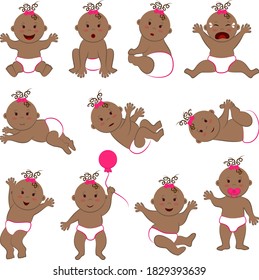 Colección vectorial de diferentes poses y estados de ánimo de una linda niña de rizo con piel marrón clara y ojos y cabello marrones. Personajes infantiles desnudos colocados en pañales y arco rosado en la cabeza