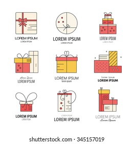 Vector collection of different presents and gift boxes. Holiday presents made in different shapes. Vector line series. Present icons and labels.