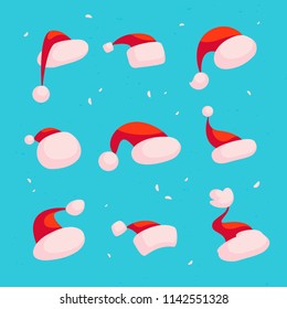 Vector collection of different red Santa Claus hats isolated on blue snowy background. Cartoon style. Snowflakes.