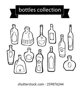 Vector collection of different shaped bottles on white background. Black stroke. Black contour.