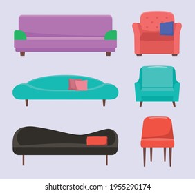 Vector collection of different sofas. Set of colourful couch and armchairs. Set of furniture for the home. Comfortable sofas and armchairs. Vector interior Design. Vector flat illustration.
