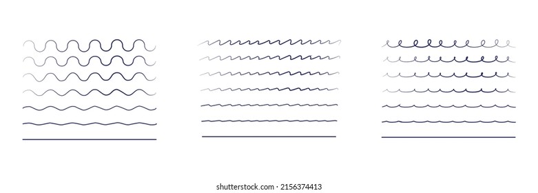 Vector collection of different thin line wide and narrow wavy line. Big set of wavy - curvy and zig zag - criss cross horizontal lines. Graphic design elements variation dotted line and solid line.