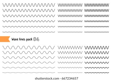 Vector collection of different thin line wave isolated on white background. Big set of wavy - curvy and zigzag - criss cross horizontal lines. Graphic design elements variation dotted line, solid line