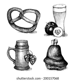 Vector collection of different traditional  food in retro style for Oktoberfest. Vintage set of ink hand drawn food illustration isolated on white. Big festival - Oktoberfest - in Germany