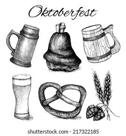 Vector collection of different traditional food in retro style for Oktoberfest. Vintage set of black ink hand drawn food illustration isolated on white. Big festival - Oktoberfest - in Germany