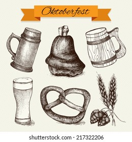 Vector collection of different traditional food in retro style for Oktoberfest. Vintage set of ink hand drawn food illustration. Big festival - Oktoberfest - in Germany