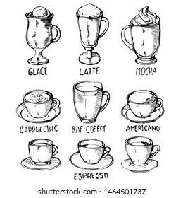 Vector collection of different types of coffee: glaсe, latte, mocha, cappuccino, raf coffee, americano, espresso. Hand drawn retro style sketch for menu design.