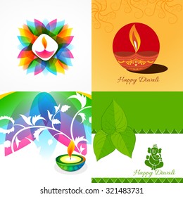 vector collection of different types of diwali background with decorated diya in floral design