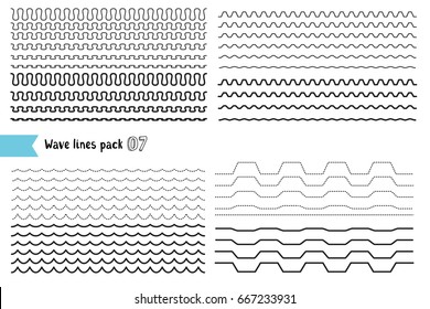 Vector collection of different wave with strong vibration amplitude, different line thicknesses. Big set of wavy - curvy and zigzag - criss cross horizontal lines. Wave line for decorative divider