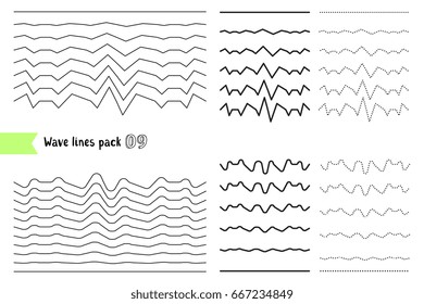 Vector collection of different wave with very strong vibration amplitude. Wave line for design of decorative border, divider. Big set of curved horizontal lines. Graphic design element variation line
