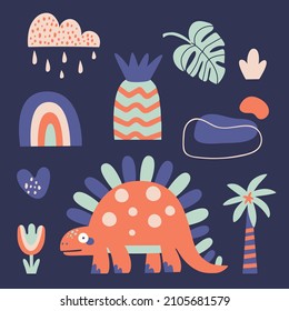 vector collection dinosaurs and plants. dinosaur illustration - clipart set of cartoon animals. Characters for children's room and postcards.