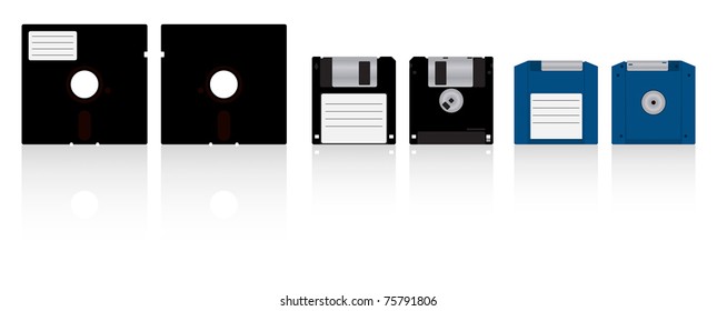 Vector collection of diskettes. Diskette 5.25, floppy disk 3.5 and ZIP disk