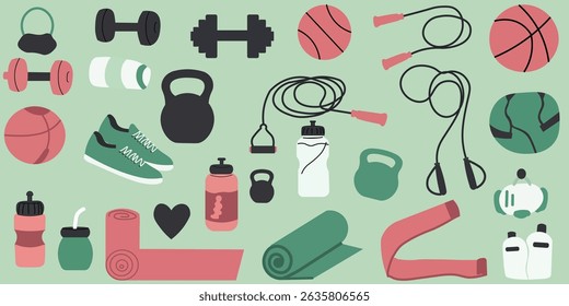 Vector collection of diverse fitness and exercise equipment icons. Features dumbbells, kettlebells, yoga mat, jump rope, sports balls, sneakers and more. Ideal for gym, workout and healthy lifestyle