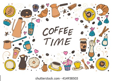 Vector collection of doddle coffee, spices, sweets and bakery icons. 