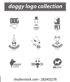 Vector collection of dog logo. Pet club, shop, food store, cat shelter, center, barber, sport dog club, veterinary clinic. Cute labrador dog icon set. Flat animal logo design. Hunting club emblem. 