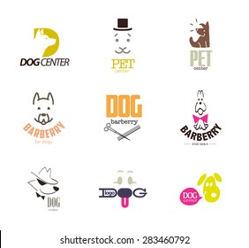 Vector Collection Of Dog Logo. Logo For Pet Club, Shop, Store, Doggy Center Or Barberry, Sport Dog, Cat Club, Veterinary Clinic. Cute Dog Icons Set. Flat Animal Logo Design. Hunting Club Emblem.