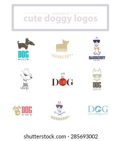 Vector collection of dog logo. Logo for pet club or shop, doggy center or barberry, sport dog club, veterinary clinic. Cute dog icons set. Flat logo design. Also may be used for hunting club emblem.