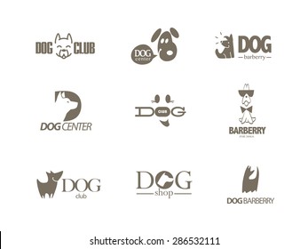 Vector collection of dog logo. Logo for pet club or shop, doggy center or barberry, sport dog club, veterinary clinic. Cute dog icons set. Flat logo design. Also may be used for hunting club emblem.