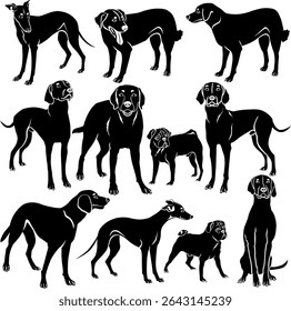 A vector collection of dog silhouettes on a white background