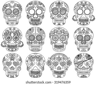 Vector Collection of Doodle Day of the Dead Skulls or Sugar Skulls