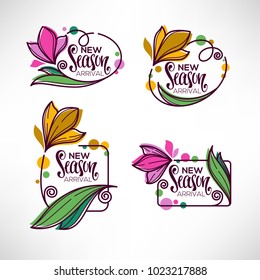 vector collection of doodle flowers emblems frames and logo with New Season Arrival lettering composition