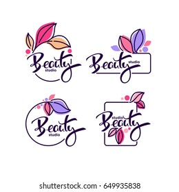 vector collection of doodle flowers emblems frames and logo with beauty studio lettering composition - Shutterstock ID 649935838