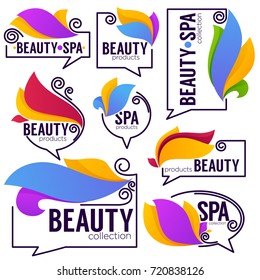 vector collection of doodle flowers emblems frames and logo with beauty and spa products lettering composition