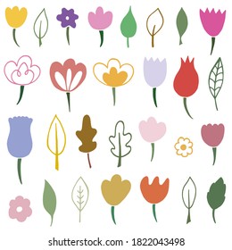 Vector collection of doodle flowers and leaves. To create digital paper, stickers, colorings. For design of surfaces, textiles, packaging, backgrounds. Subject nature
