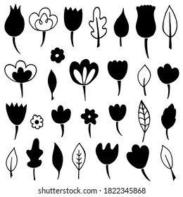Vector collection of doodle flowers and leaves. To create digital paper, stickers, colorings. For design of surfaces, textiles, packaging, backgrounds. Subject nature