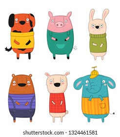 Vector collection of doodle funny animals. Hand drawn graphic zoo. Perfect for baby shower, postcard, label, brochure, flyer, page, banner design, shirt print.